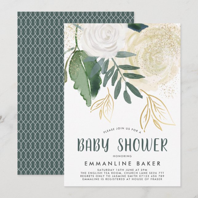 Aquarellfarbene Rose und Foliage Babydusche laden  Einladung (Vorne/Hinten)