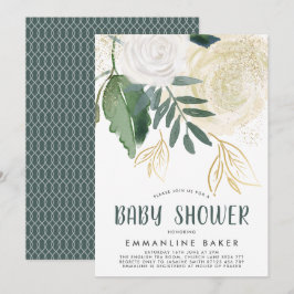 Aquarellfarbene Rose und Foliage Babydusche laden  Einladung