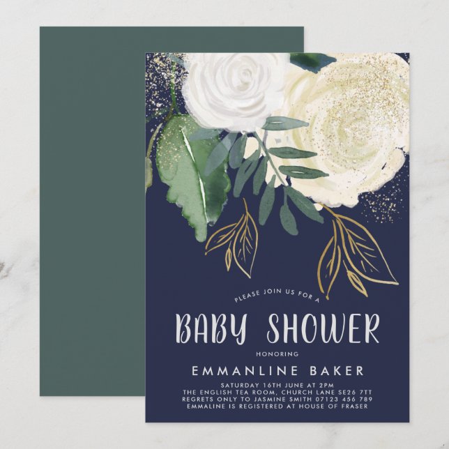 Aquarellfarbene Rose und Foliage Babydusche laden  Einladung (Vorne/Hinten)