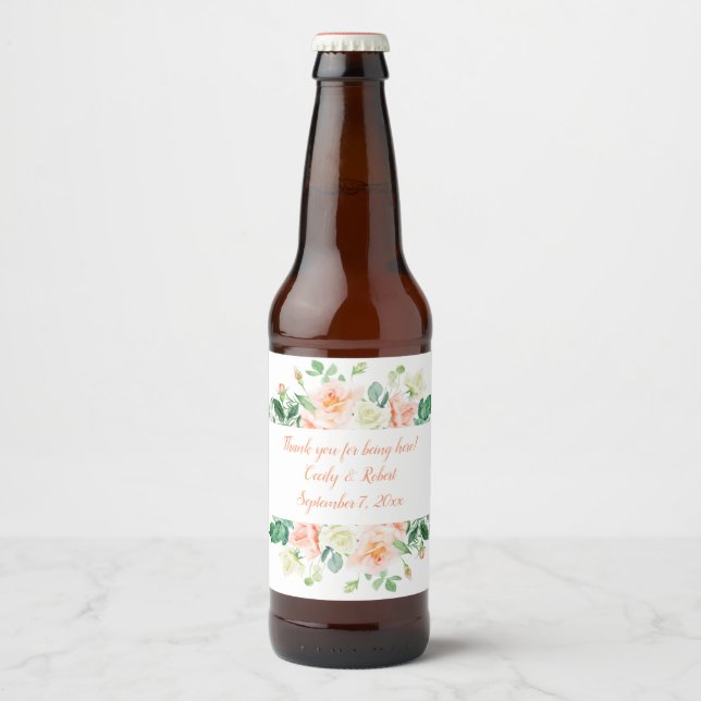Aquarellfarbene Rose und Grünbierflasche Bierflaschenetikett (Vorderseite)