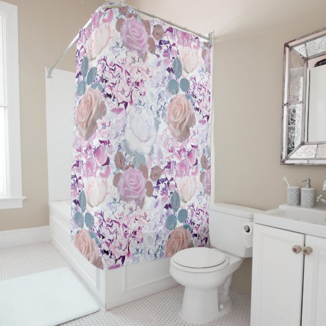 Aquarellfarbene Rose und Hydrangeas. Duschvorhang (Beispiel)