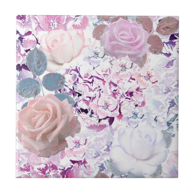Aquarellfarbene Rose und Hydrangeas. Fliese (Vorderseite)