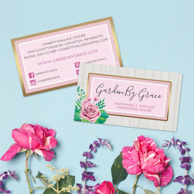 Aquarellfarbene Rose und rustikale Shabby Chic-Hüt Visitenkarte (Von Creator hochgeladen)