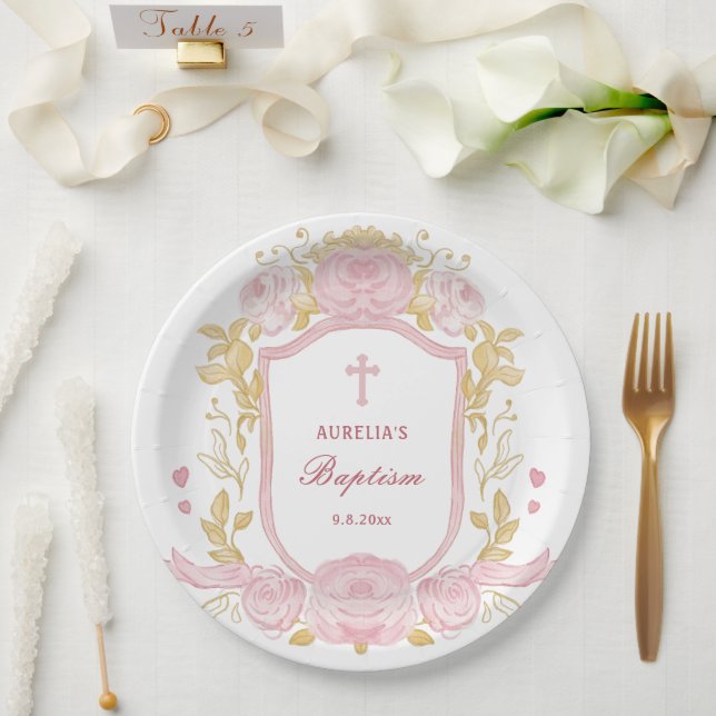 Aquarellfarbene Rose Wappen Taufe Pappteller (Hochzeit)