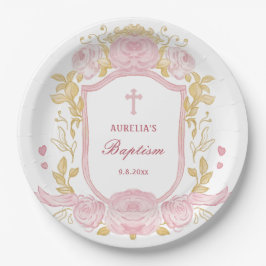 Aquarellfarbene Rose Wappen Taufe Pappteller