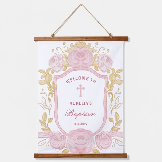 Aquarellfarbene Rose Wappen Taufe Willkommen Wandteppich Mit Holzrahmen (Vorderseite)