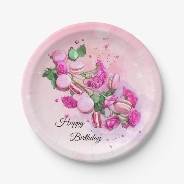Aquarellfarbene Rosen und französische Macarons Ge Pappteller (Vorderseite)