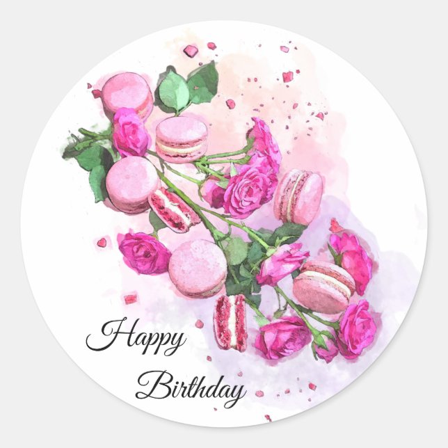 Aquarellfarbene Rosen und französische Macarons Ge Runder Aufkleber (Vorderseite)