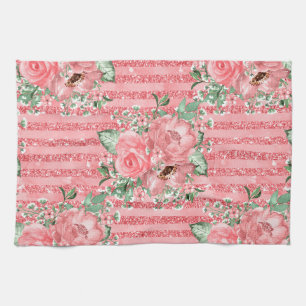 Aquarellfarbene Rosen und Glitzer Streifen Geschirrtuch