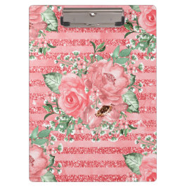 Aquarellfarbene Rosen und Glitzer Streifen Klemmbrett