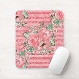 Aquarellfarbene Rosen und Glitzer Streifen Mousepad