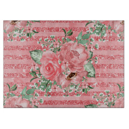 Aquarellfarbene Rosen und Glitzer Streifen Schneidebrett
