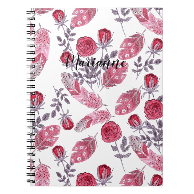 Aquarellfarbene rote Federn Blume Weiß beide Notizblock (Vorderseite)