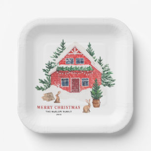 Aquarellfarbene Rote Hütte Woodland Weihnachten Pa Pappteller