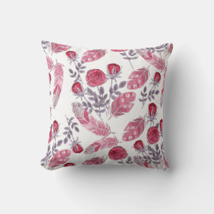 Aquarellfarbene rote Rosen Blume federn Weiß Kissen