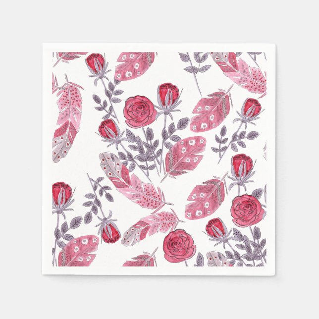Aquarellfarbene rote Rosen Blume federn Weiß Serviette (Vorderseite)