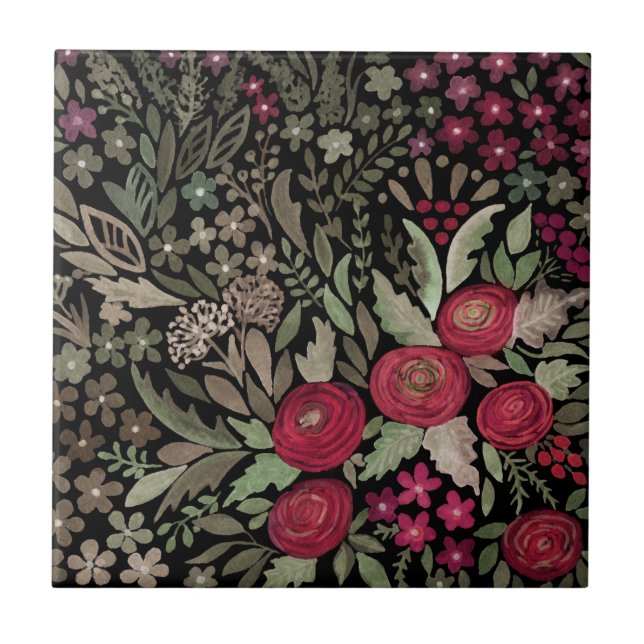 Aquarellfarbene rote Rosen Blume kleine Blumengrün Fliese (Vorderseite)