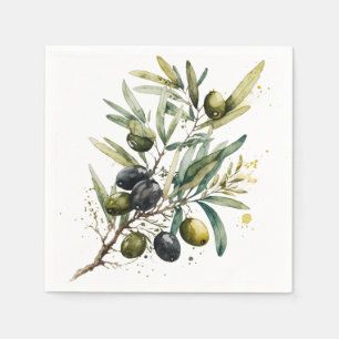 Aquarellfarbene schwarze und grüne Oliven auf eine Serviette