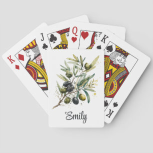 Aquarellfarbene schwarze und grüne Oliven auf eine Spielkarten