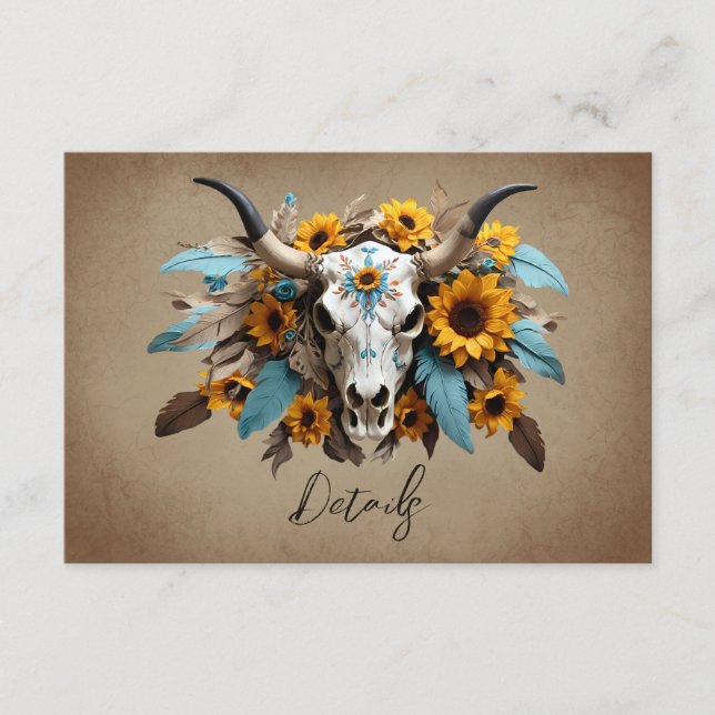 Aquarellfarbene Sonnenblume Kuh Schädel Hochzeitss Begleitkarte (Vorderseite)