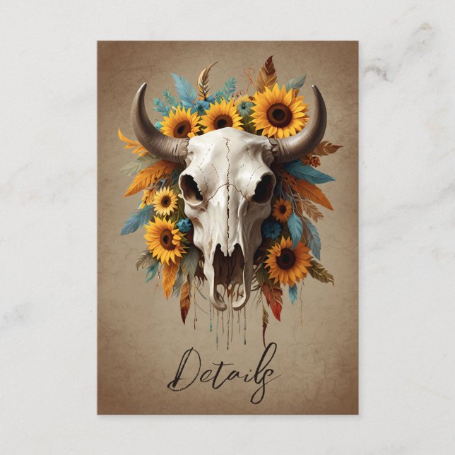 Aquarellfarbene Sonnenblume Kuh Schädel Hochzeitss Begleitkarte (Vorderseite)