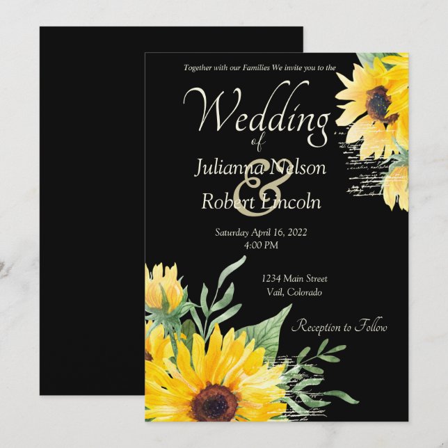 Aquarellfarbene Sonnenblumen auf schwarzer Hochzei Einladung (Vorne/Hinten)