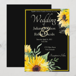 Aquarellfarbene Sonnenblumen auf schwarzer Hochzei Einladung