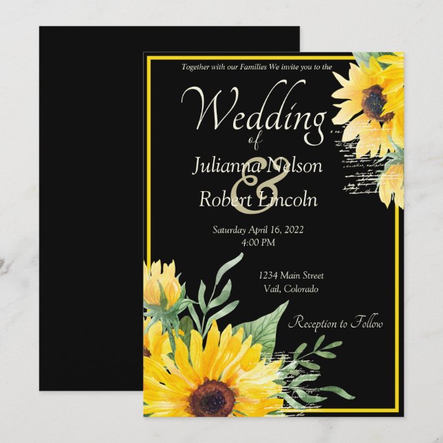 Aquarellfarbene Sonnenblumen auf schwarzer Hochzei Einladung (Vorne/Hinten)
