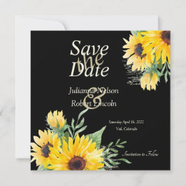 Aquarellfarbene Sonnenblumen auf schwarzer Hochzei Save The Date
