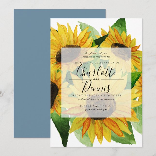 Aquarellfarbene Sonnenblumen mit blauen Hochzeiten Einladung (Vorne/Hinten)