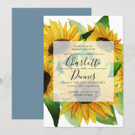 Aquarellfarbene Sonnenblumen mit blauen Hochzeiten Einladung