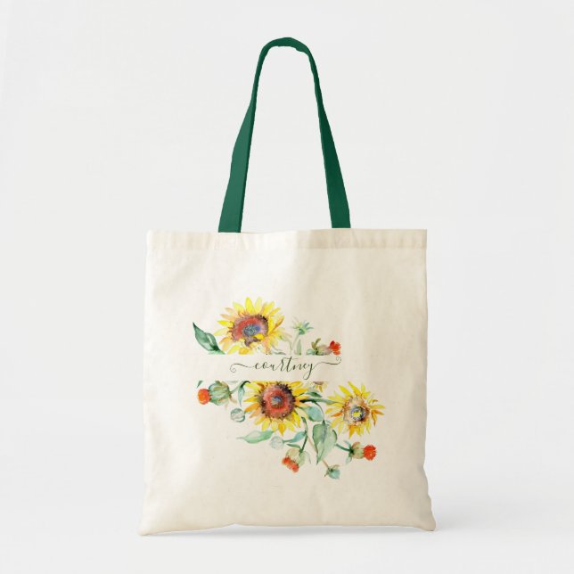 Aquarellfarbene Sonnenblumen personalisierte Tasch Tragetasche (Vorne)
