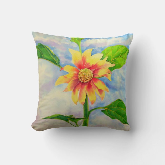 Aquarellfarbene Sonnenblumenmalerei Kissen (Vorderseite)