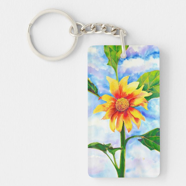 Aquarellfarbene Sonnenblumenmalerei Schlüsselanhänger (Vorderseite)