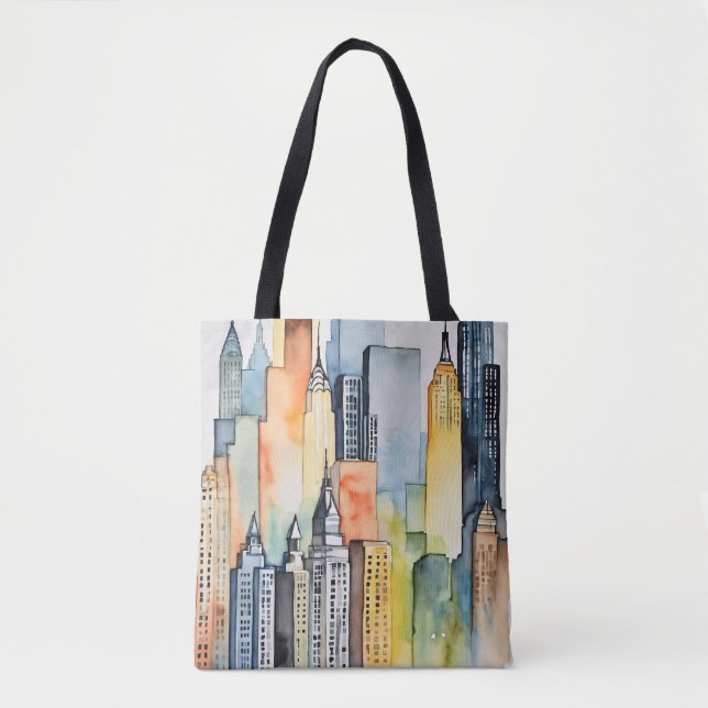 Aquarellfarbene Stadtbilder Skyscapers Tasche (Vorderseite)