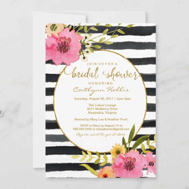 Aquarellfarbene Streifen Bright Floral Brautparty Einladung (Vorderseite)