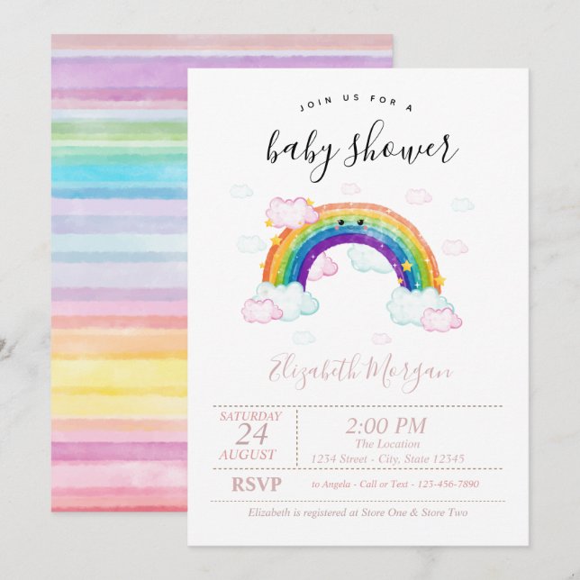 Aquarellfarbene Streifen Rainbow Babydusche Einladung (Vorne/Hinten)
