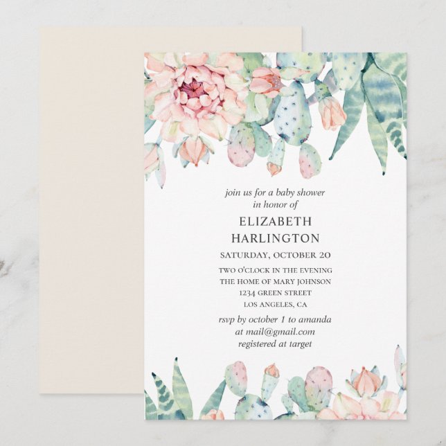 Aquarellfarbene Sukkulente Babydusche. Blumenkaktu Einladung (Vorne/Hinten)