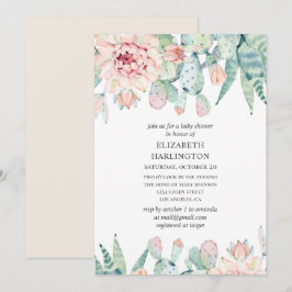 Aquarellfarbene Sukkulente Babydusche. Blumenkaktu Einladung