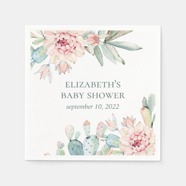 Aquarellfarbene Sukkulente Babydusche. Blumenkaktu Serviette (Vorderseite)