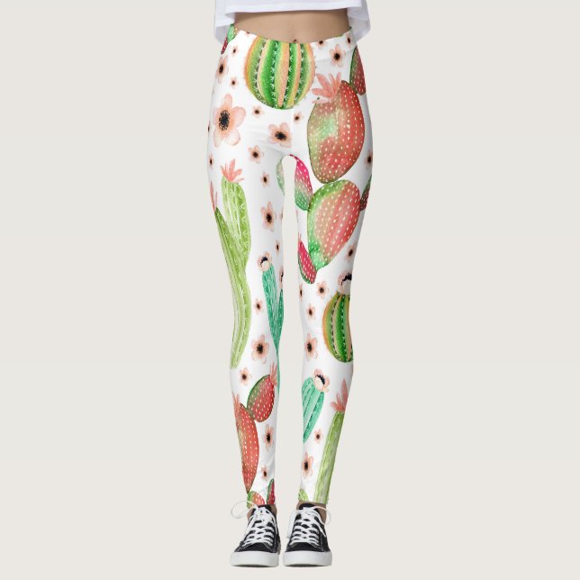 Aquarellfarbene Sukkulente, Kakteen nahtloses Must Leggings (Vorderseite)