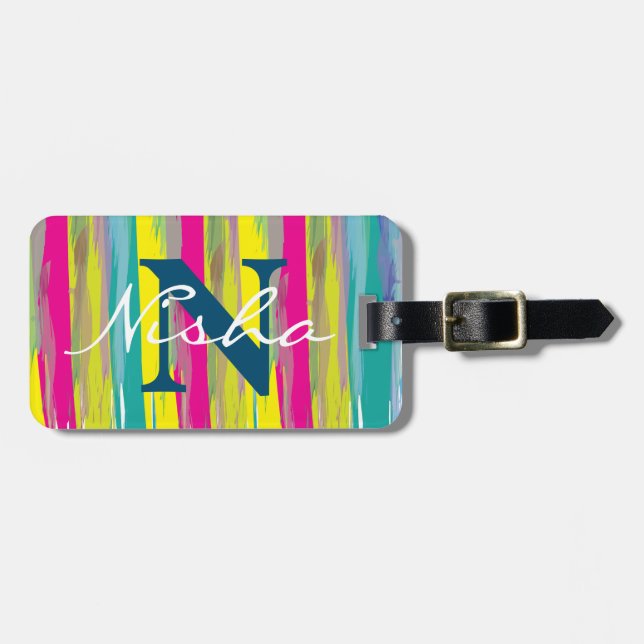 Aquarellfarbene Textur Blaues weißes Monogramm Gepäckanhänger (Vorderseite horizontal)