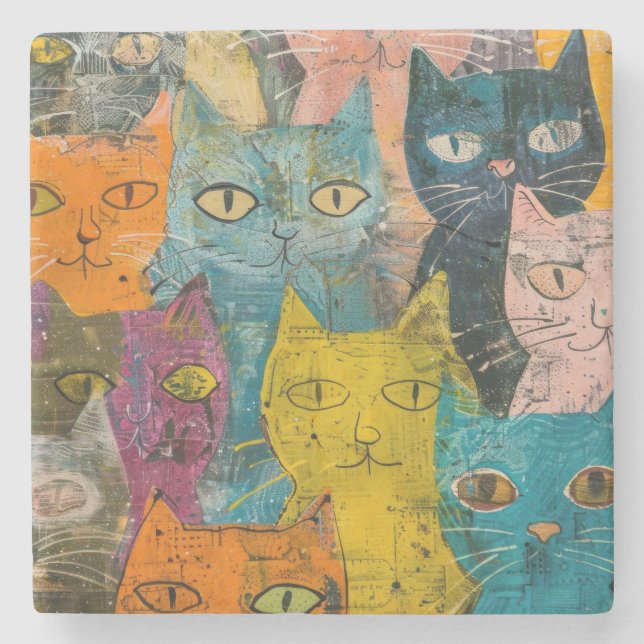 Aquarellfarbene Vintage Abstrakte Katze (12) Steinuntersetzer (Vorderseite)