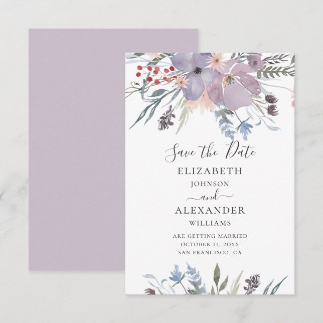 Aquarellfarbene violette Blumen. Blütenhochzeit Li Einladung (Vorne/Hinten)