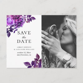 Aquarellfarbene violette Blumen. Save the Date Postkarte