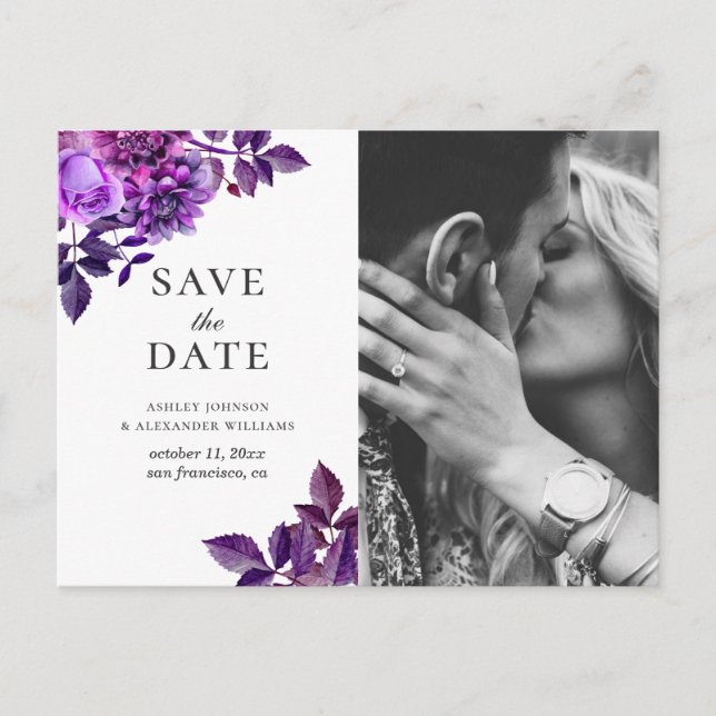 Aquarellfarbene violette Blumen. Save the Date Postkarte (Vorderseite)