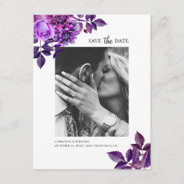 Aquarellfarbene violette Blumen. Save the Date Postkarte