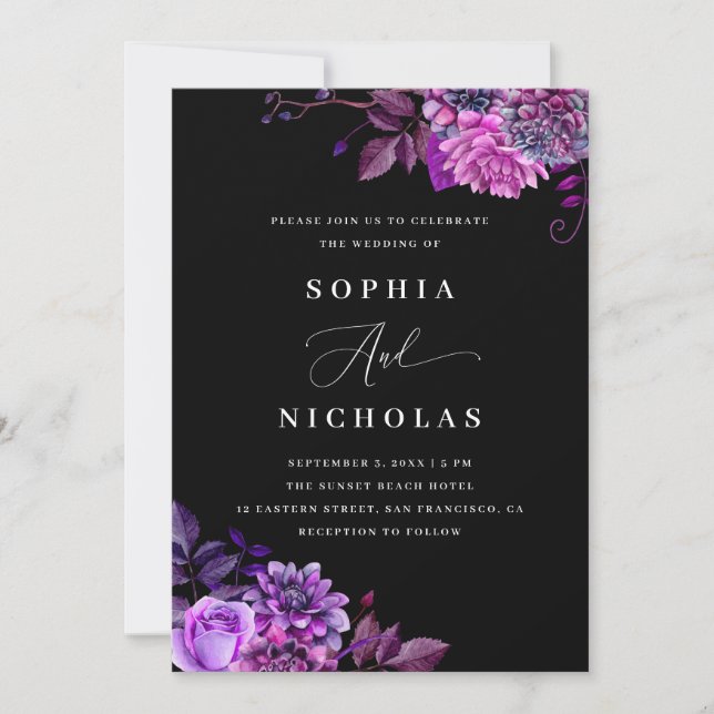 Aquarellfarbene violette Blumen. Schwarze Hochzeit Einladung (Vorderseite)