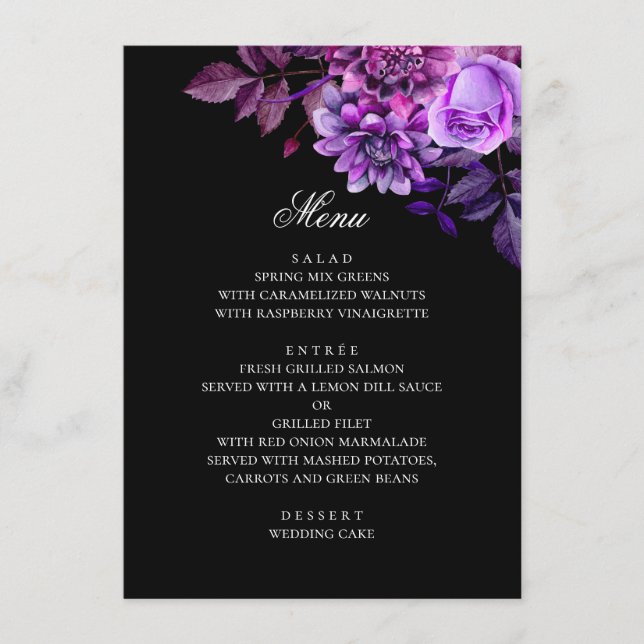 Aquarellfarbene violette Blumen. Schwarze Hochzeit Menükarte (Vorderseite)