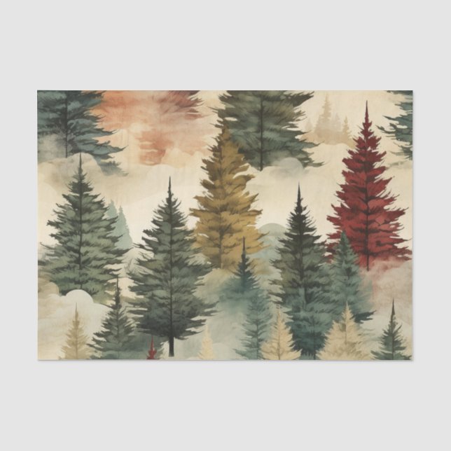 Aquarellfarbene Weihnachtsbäume auf einer Anhöhe Seidenpapier (Vorderseite)
